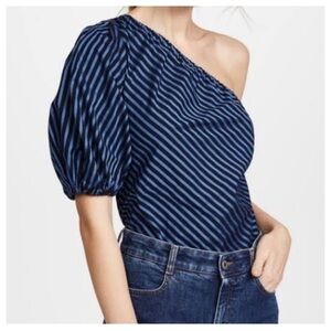 Petersyn Abigail One Shoulder Top in Stripes in Blue and Black